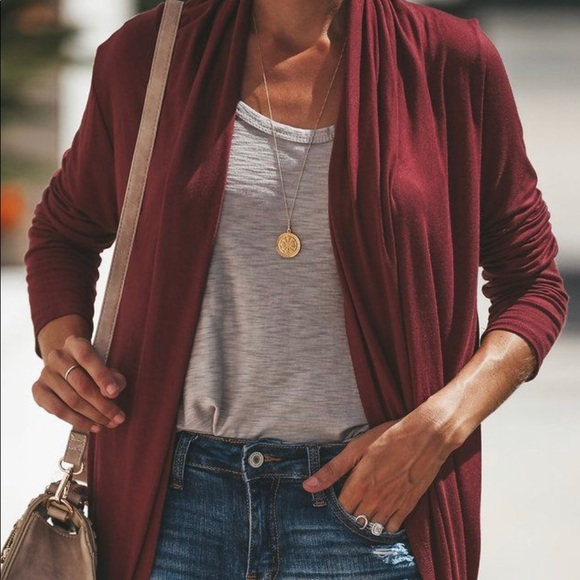 Vici Sweaters - Burgundy drape cardigan